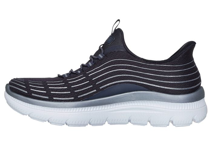 SKECHERS, stylische Damen-Sneaker, mit geformter Slip-Ins Fersenplatte DUNKELBLAU-SILBER